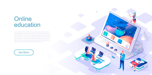 Online education isometric landing page vector template.