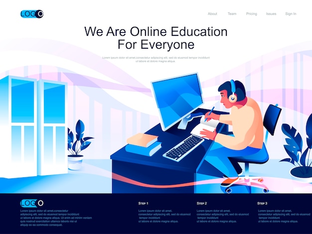 Online education isometric landing page with flat characters situation