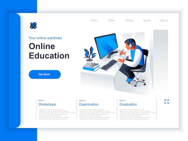 online education isometric landing page. young man studying with computer at workplace situation. distance learning, online webinar, professional courses and skills development perspective flat design