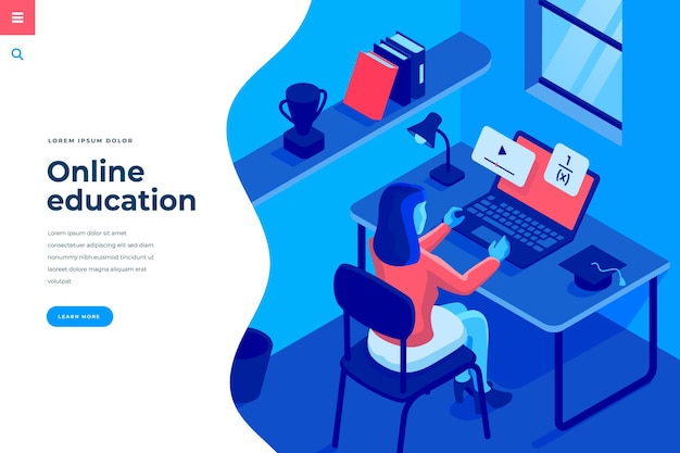 Vector online education isometric vector illustration for landing page header template or web banner with copy space for text female character customer seating and interact with laptop computer