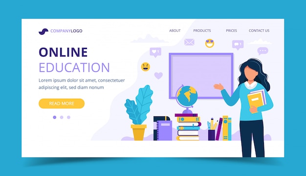 オンライン教育のランディングページ。本と黒板の女教師。