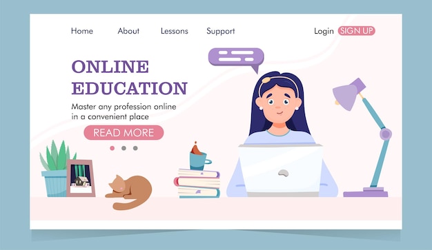 Online education landing page. girl sits at a laptop and books.