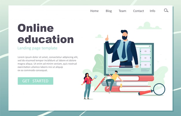 Online education landing page. Male teacher giving online lessons. illustration in cartoon flat style.