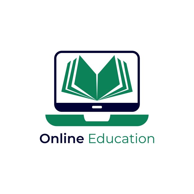 Concetto di design del logo di formazione online modello di design del logo del libro del computer Vettore Premium