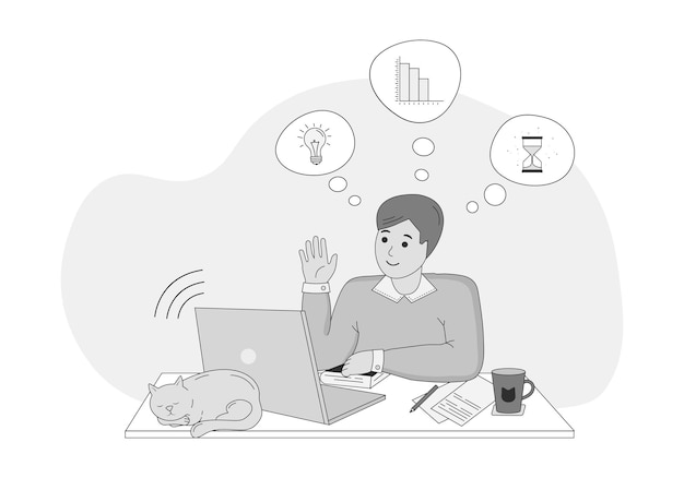 Online education A man sits at a computer and studies Black and white illustration