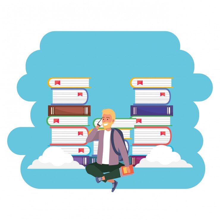 Vector online education millenial student book stacks