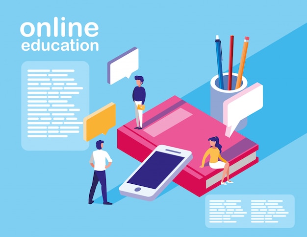 Online education mini people with smartphone and ebooks