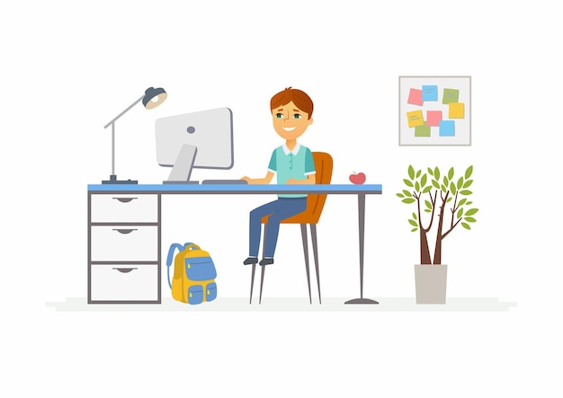 Online education  modern vector illustration of happy junior school boy student working at the PC