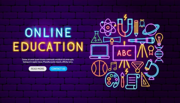 Progettazione di banner al neon di formazione online. illustrazione vettoriale di promozione scolastica.