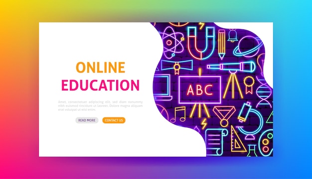 Vector online education neon landing page. vector illustration of school promotion.