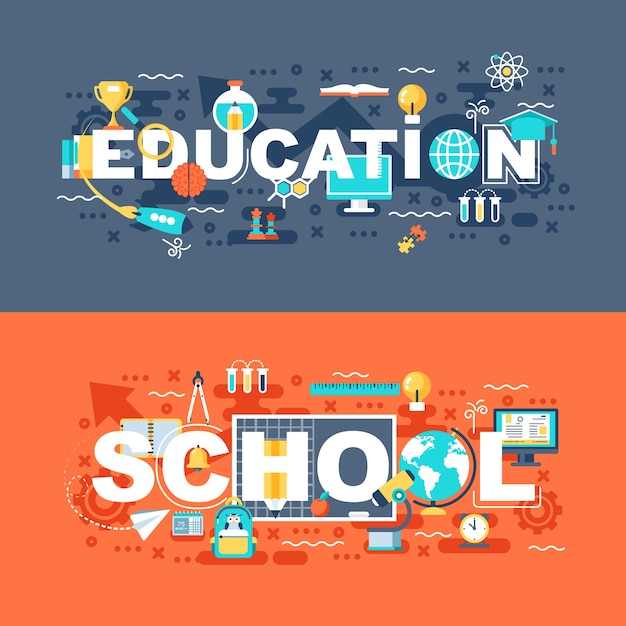 Vector online education and school set of flat concept