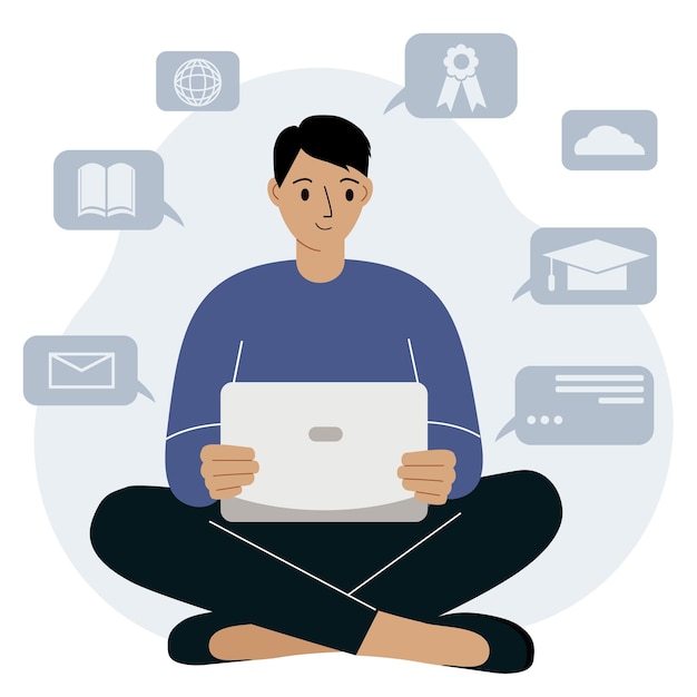 Online education, self-study concept. a man sits with a laptop on her lap and studies. education related icons set