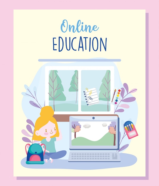 ベクトル オンライン教育、ラップトップ、ウェブサイト、モバイルトレーニングコースを備えた自宅の学生の女の子