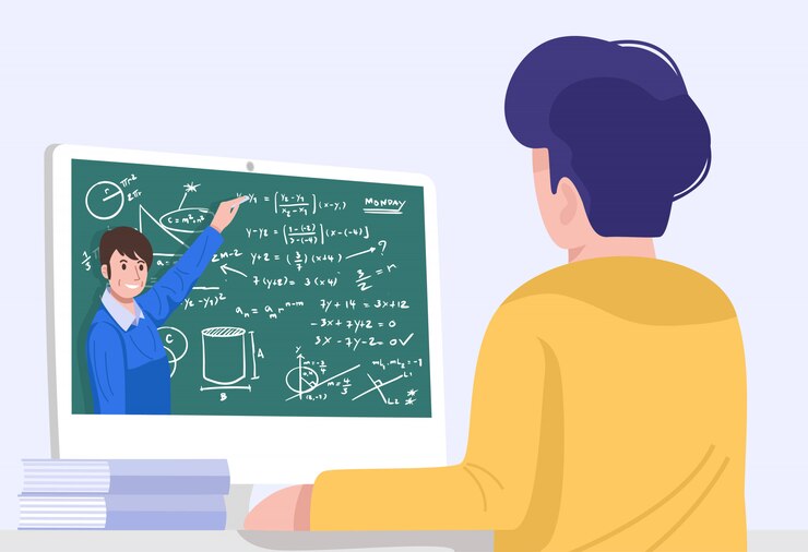 Vector online education, a student having video conference with teacher at home. 