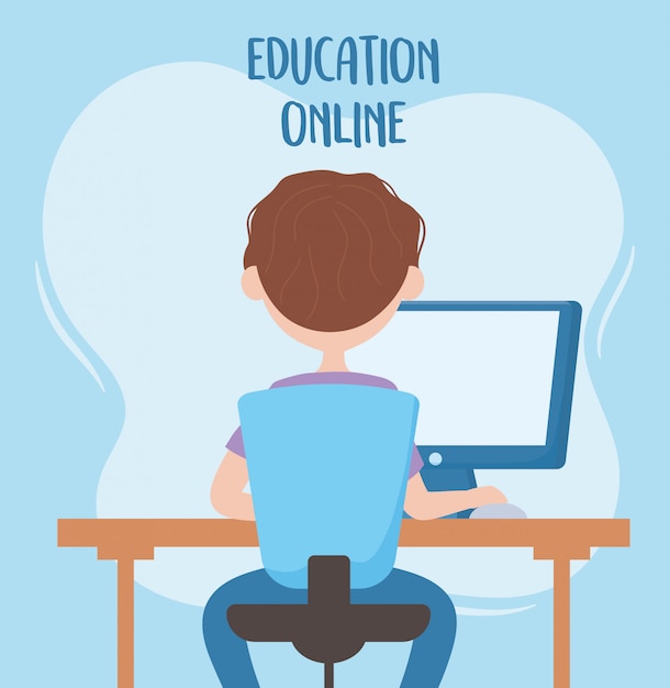 Online education, student sitting in chair study with computer back view