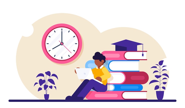 Vector online education. student with a laptop studies the material over the internet.