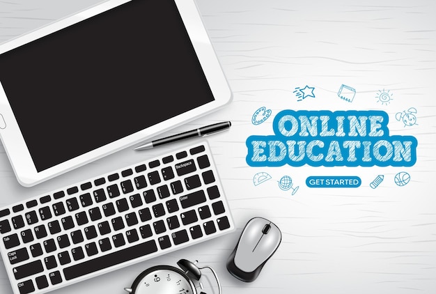オンライン教育ベクトルデザイン。タブレット、キーボードを使用したオンライン教育テキスト。