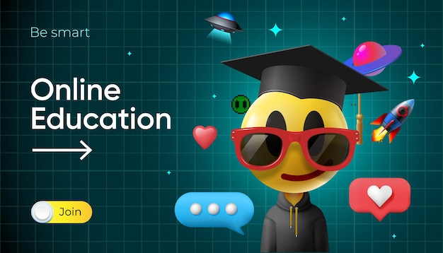 Banner web per l'istruzione online con emoji volto sorridente in cappello di laurea e icone dei social media sfondo a scacchi modello di ritorno a scuola elearning