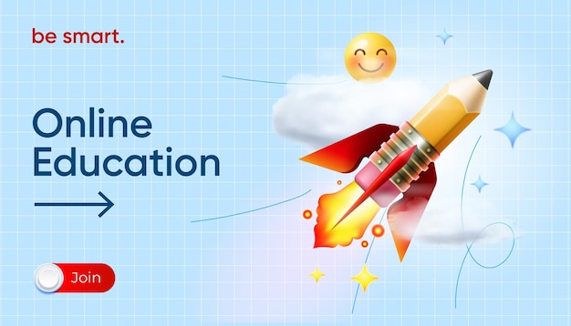 비행 로켓이 있는 온라인 교육 웹 배너 학교 템플릿 광고 방문 페이지 벡터로 돌아가기