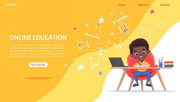 Online education website template. e-learning concept. afro-american black boy studies with laptop.