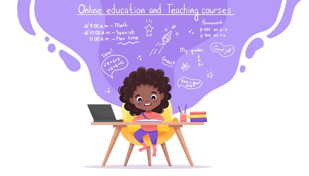 Vector online education website template. e-learning concept. afro-american black girl studies online.