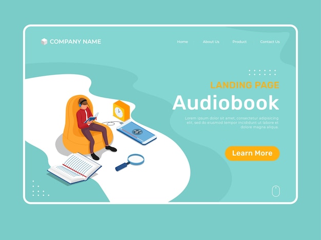 Vector online education with isometric character listening and reading in chair. isometric landing page illustration template.