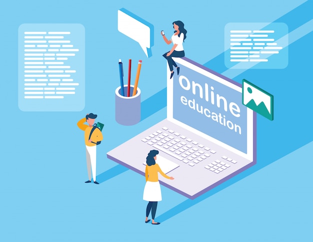 노트북 및 미니 사람들과의 온라인 교육