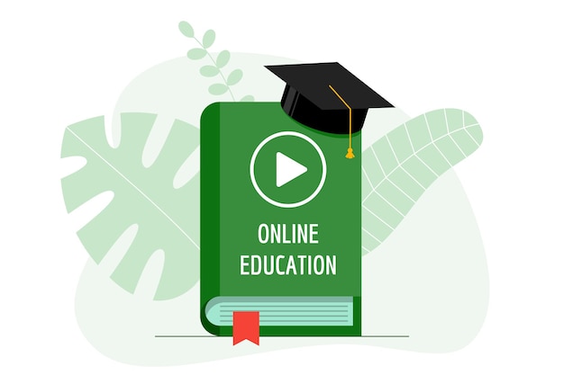 Formazione online con icona di riproduzione video su libro con copertina verde e cappuccio laureato. cappello dell'accademia sull'e-learning che studia i compiti e il concetto di webinar di insegnamento su internet. illustrazione piatta vettoriale