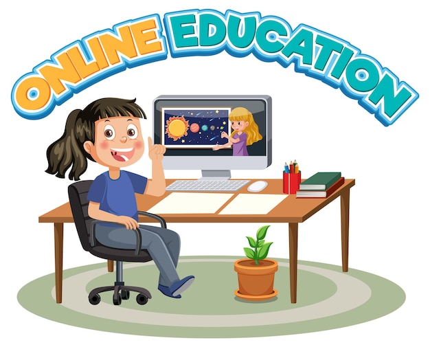 Vector online education word with cartoon character