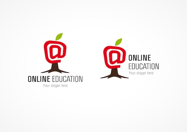 Logo educativo online albero di mele che cresce simbolo e-mail di arroba segno di scuola internet vettoriale