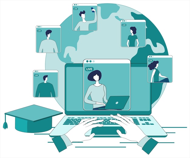 Vector online educationpeople connect with each other through video conferences to gain knowledge