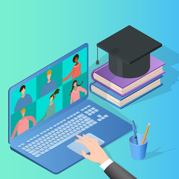 Vettore formazione onlinele persone ricevono un'istruzione attraverso una connessione online