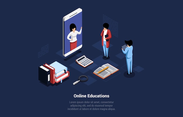 Online educations concept illustration on dark background with writing. isometric vector composition in cartoon 3d style. technology of internet learning and new study system process, quarantine idea.