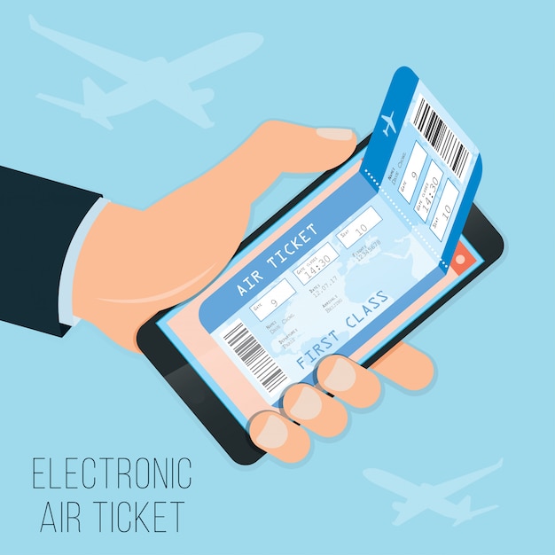 Online een ticket kopen, e-ticket in de smartphone voor een vlucht in eerste klasse.
