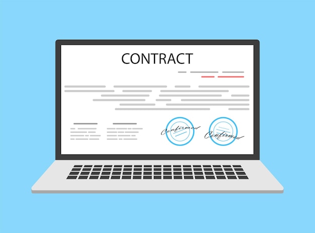 Online electronic smart contract document on laptop paper document signature on computer screen