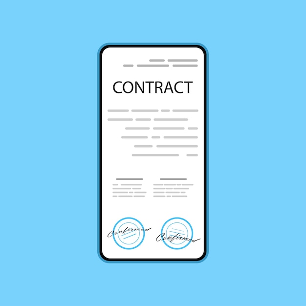 Онлайн-документ электронного смарт-контракта на телефоне, бумажный документ, подпись на экране телефона