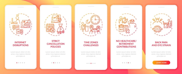 Online english teaching challenges onboarding mobile app page screen with concepts. time zones challenges walkthrough 5 steps  ui  template with rgb color illustrations