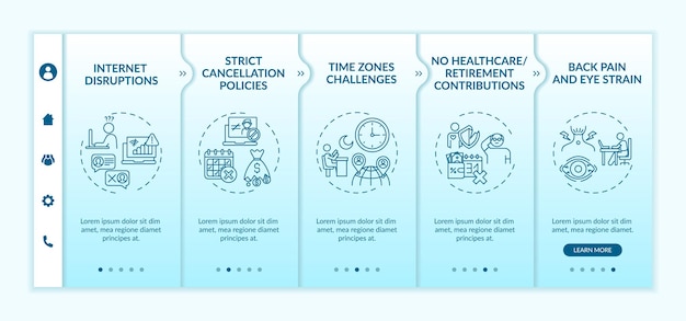 Online english teaching challenges onboarding  template. time zones challenge. back pain and eye strain. responsive mobile website with icons. webpage walkthrough step screens. rgb color concept