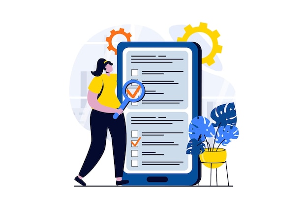 Online enquêteconcept met mensenscène in plat cartoonontwerp Vrouw neemt online examen of sociologisch onderzoek en beantwoordt vragen door antwoorden in app te markeren Vectorillustratie visueel verhaal voor web