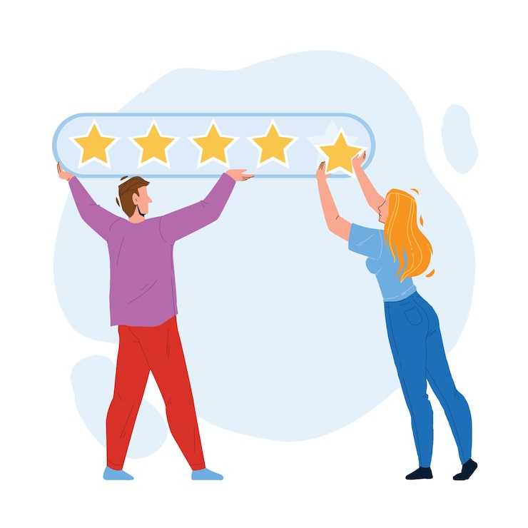 Vector online enquêteformulier vullen mensen paar vector. jonge man en vrouw online enquête, beoordeling en feedback. tekens elektronische evaluatie en plaats een beoordelingsservice flat cartoon afbeelding