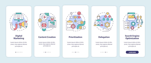 Online entrepreneur skills onboarding mobile app page screen. digital marketing walkthrough 5 steps graphic instructions with concepts. ui, ux, gui vector template with linear color illustrations