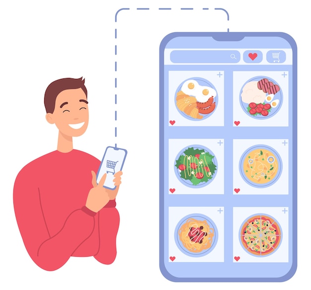 Online eten bestellen Man online winkelen met telefoon Blijf thuis Platte vectorillustratie