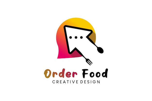 Online eten logo ontwerp eten bestellen vectorillustratie met creatieve chat-concept