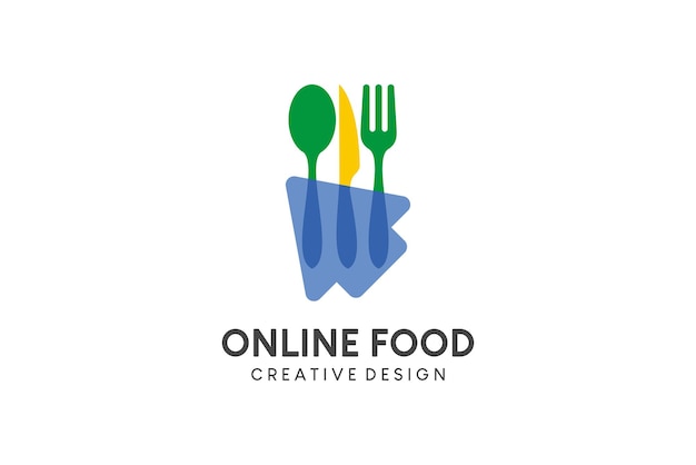 Online eten pictogram logo ontwerp online eten bestellen logo met eenvoudig bestek en pijlconcept