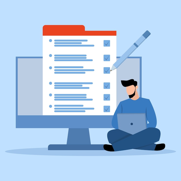 Vector online exam concept, checklist and pencil, exam, choose answer, questionnaire form, education concep