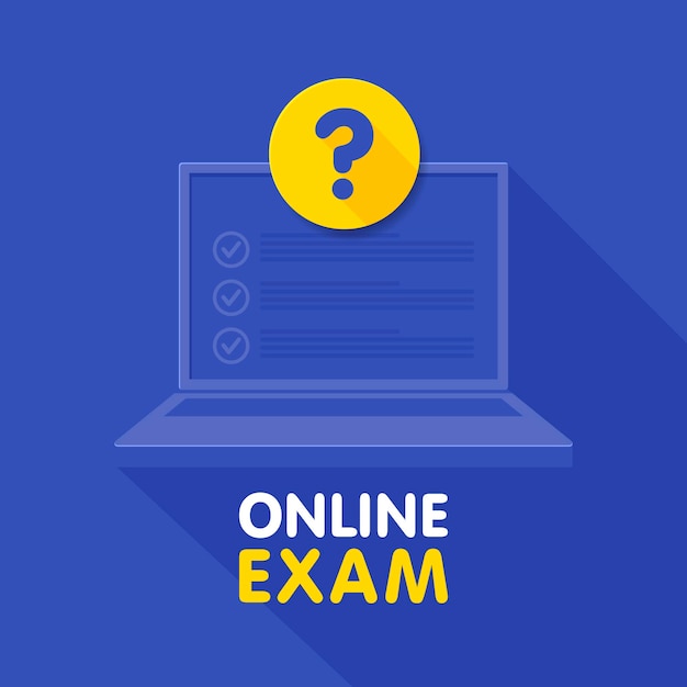 Vector online exam, laptop with checklist, taking test, choosing answer, questionnaire form, education concept. flat cartoon design, vector illustration on blue background