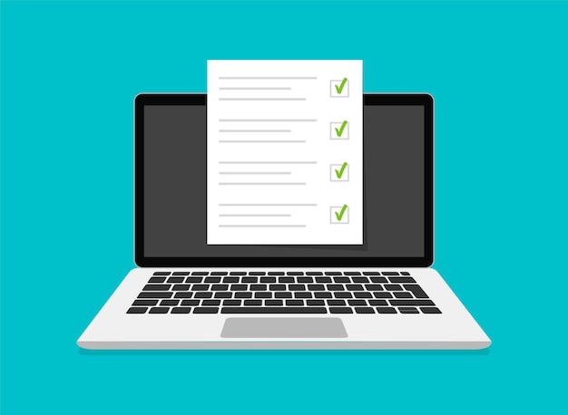 Online examen, checklist en online testen op laptopscherm. Online enquêteformulier op het computerscherm. Plat ontwerp. illustratie.