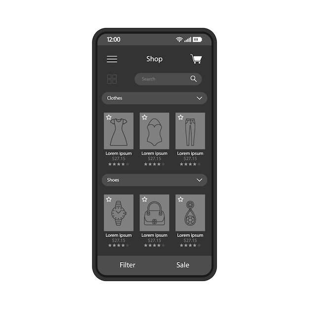 온라인 패션 쇼핑 앱 스마트폰 인터페이스 벡터 템플릿
