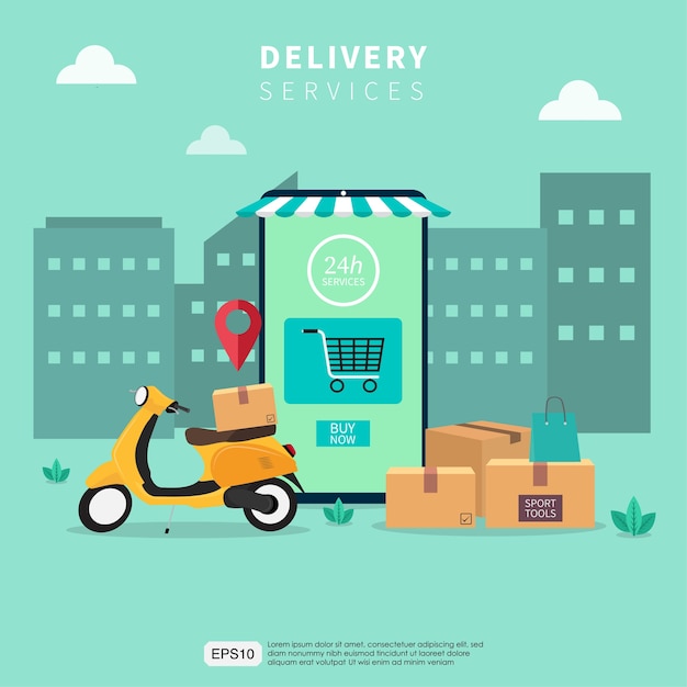 Online fast delivery services concept. mobile app courier illustration by yellow scooter.