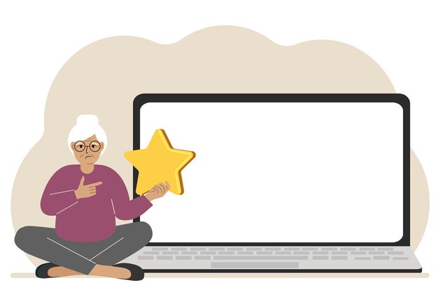 Онлайн-обратная связь с клиентами опыт концепции удовлетворенности пользователей Женщина дает звездный рейтинг онлайн с помощью ноутбука Положительный отзыв бизнес-опрос
